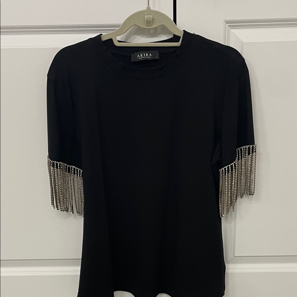 AKIRA Black Short Sleeve Tee with Rhinestone Chain Fringe